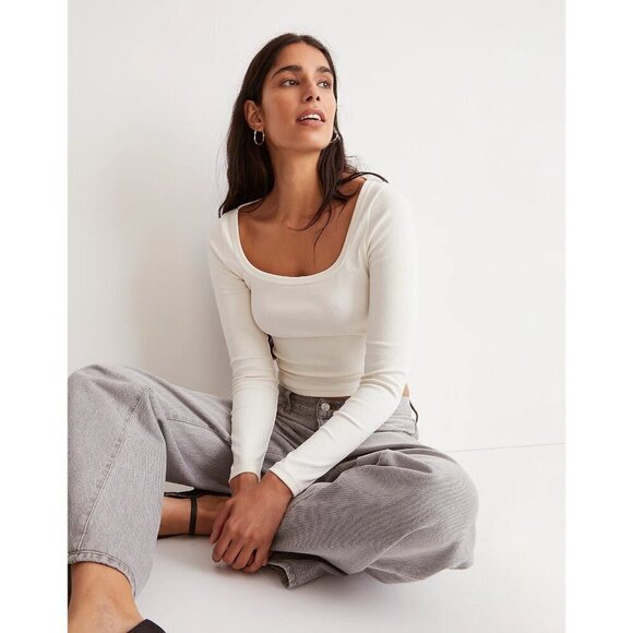 Madewell Square-Neck Long-Sleeve Crop Tee in Sleekhold True Black Women Size XXS - Picture 4 of 10